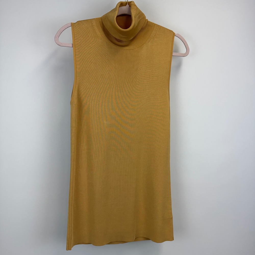 St John Sleeveless Turtleneck Shell Top Mustard Yellow‎ Gold Rayon Knit Large